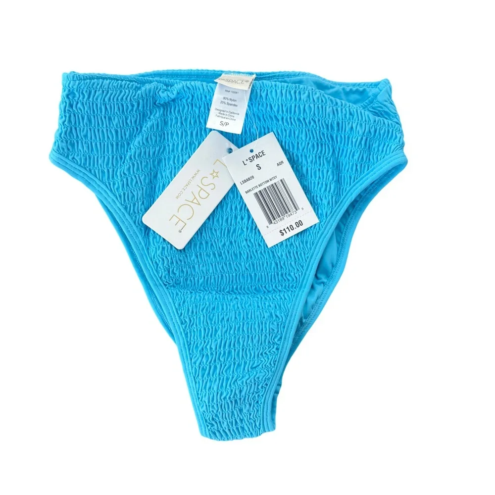 L*Space Barlette Bottom Bitsy Aquarius Blue Smocked High Waist‎ Bikini Bottom S